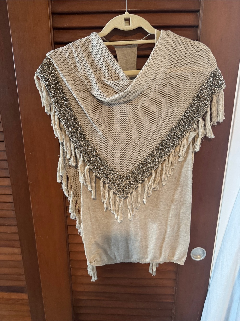 Beige Fringe Knit Poncho with Metallic Trim